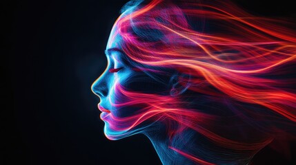Poster - A concept of colorful abstract light trails forming the shape of a human face, symbolizing creative thinking
