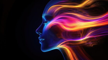 Poster - A concept of colorful abstract light trails forming the shape of a human face, symbolizing creative thinking