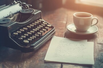 Wall Mural - Vintage typewriter with a freshly typed letter and a cup of coffee beside it, nostalgic and creative, cozy workspace