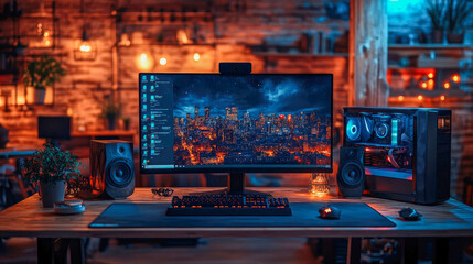 A powerful desktop computer on a clean desk with a vibrant sunset background on the monitor