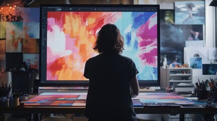 Aufkleber - A designer working on a digital art project, with colorful pixelated graphics displayed on a large screen