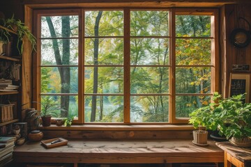 Canvas Print - Forest view through the cabin window