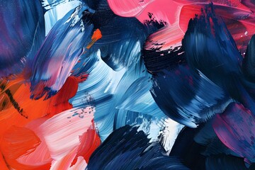 Aufkleber - Vivid abstract painting featuring dynamic brushstrokes in shades of blue, red, and pink, creating a textured and energetic composition.