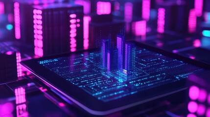 Poster - A digital tablet with a 3D hologram of a data center, illustrating modern digital infrastructure
