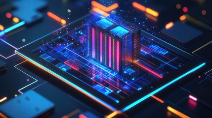 Poster - A digital tablet with a 3D hologram of a data center, illustrating modern digital infrastructure