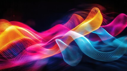 A dynamic photo of light painting, with colorful light trails forming abstract shapes in a dark environment