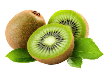 kiwi fruit and kiwi cut in half with green leaves isolated on a transparent background. cut out in PNG format for graphic design, isolated on a white background.