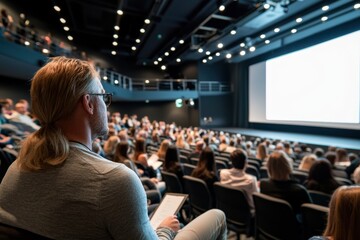 An engaged audience listens attentively during a presentation in a modern conference hall with bright lighting and large screen.