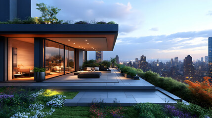 Sticker - A modern terrace overlooking a city skyline at sunset, featuring greenery and elegant furniture.