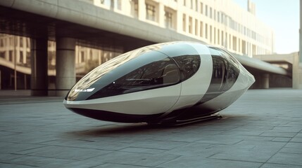 A futuristic transport pod with a sleek aerodynamic design and transparent panels, representing urban mobility -