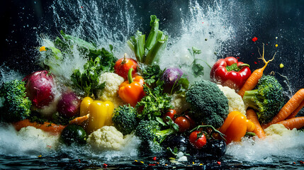 explosion of colorful vegetables, including broccoli, carrots, bell peppers, and tomatoes, radiating nature’s powerful energy and freshness