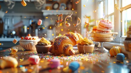 Colorful desserts and pastries on a kitchen table, showcasing joy and celebration with sprinkles and sweets.