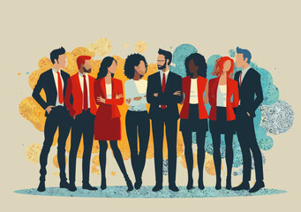 Poster - Diverse Business Team Standing Together in Unity Demonstrating Team Spirit in Minimalistic Vector Illustration for Corporate Success and Collaboration