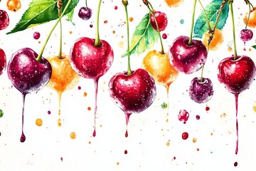 Watercolor Painting of Dripping Cherries