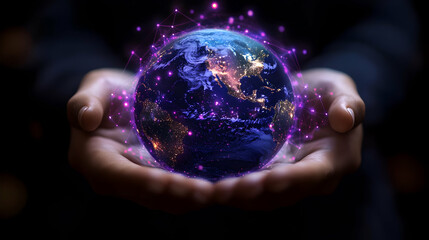 Wall Mural - A pair of hands holding a glowing globe, symbolizing global connection and technology.