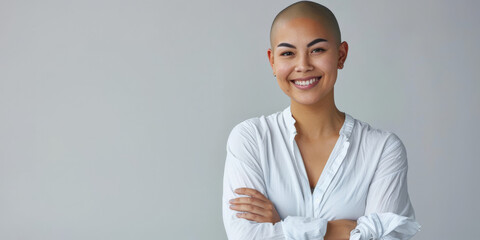 Confident young bald Native American woman with arms crossed
