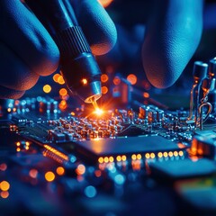 Poster - Close-up of hands working on a microchip with a soldering iron, showcasing the intricate details of electronic circuit board assembly.