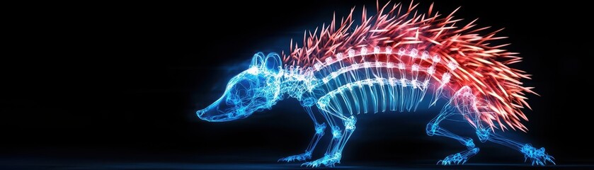 Poster - Futuristic digital X-ray image of a glowing porcupine with colorful quills illuminated in red and blue against a dark background.