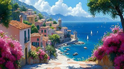 Canvas Print - A picturesque coastal village with colorful houses, blooming flowers, and a serene blue sea.