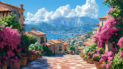 Poster - A picturesque view of a vibrant village with flowers, mountains, and a serene lake.