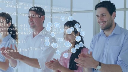 Poster - animation of network of icons and data processing over diverse business people in office