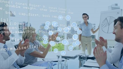 Poster - Animation of network of icons and data processing over diverse business people in office