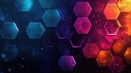 Poster - abstract art of colorful hexagonal shapes on a dark background, representing creativity and modern d
