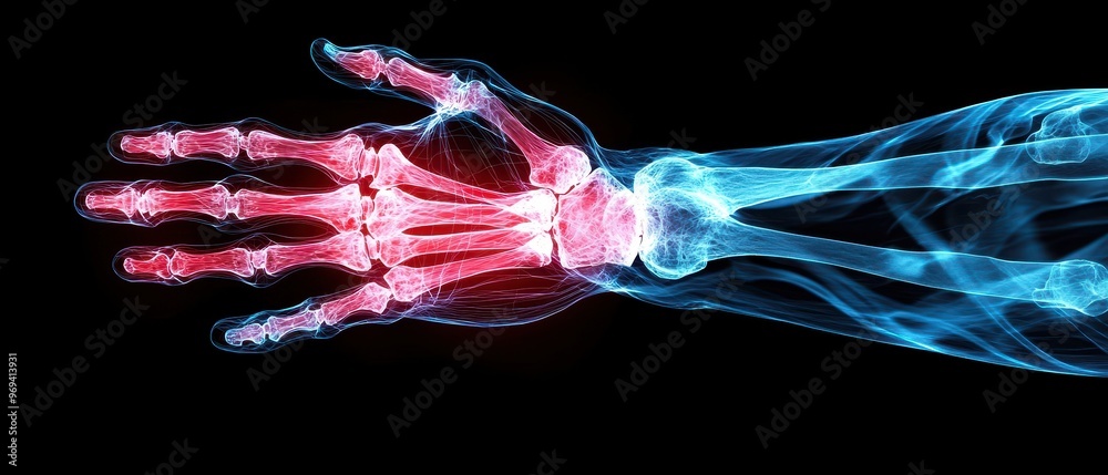 X-ray image of a human hand showing bones highlighted in red and blue ...