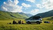 © Nejron Photo - Family camping by green hills with mid-sized white SUV