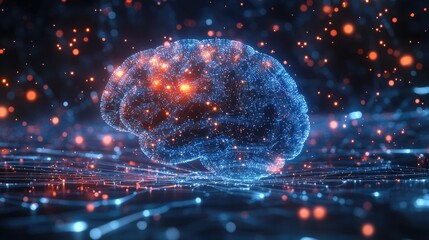 Poster - An abstract 3D illustration of a brain with bright lights and circuits, representing artificial intelligence and innovation