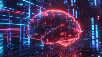 Poster - An abstract 3D illustration of a brain with bright lights and circuits, representing artificial intelligence and innovation