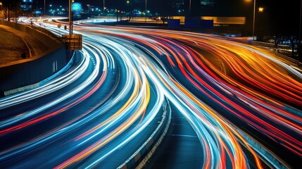 Poster - An abstract background of light trails from moving cars on a busy city highway at night, creating dynamic patterns