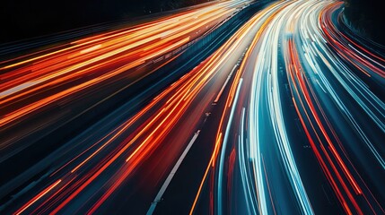 Poster - An abstract background of light trails from moving cars on a busy city highway at night, creating dynamic patterns