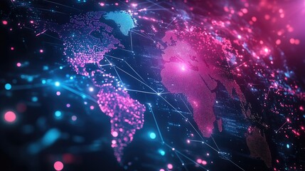 Poster - An abstract digital world map with glowing data lines connecting different regions, representing global communication