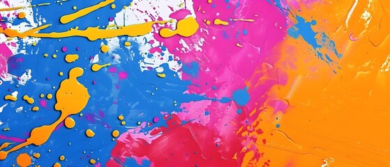 Poster - Vibrant abstract artwork featuring dynamic splatters of blue, pink, and orange paint, creating an energetic and expressive composition.