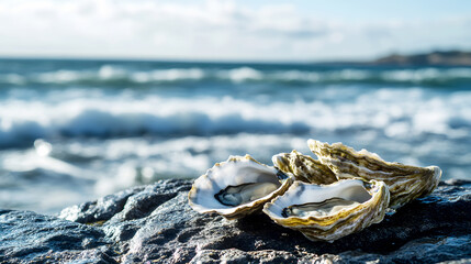 fisherman’s catch of the day/ freshly shucked oysters on a rough stone surface