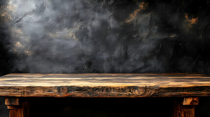 Wall Mural - A rustic wooden table against a textured dark wall, ideal for presentations or displays.