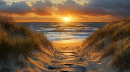 A serene beach scene at sunset with sand dunes and gentle waves.