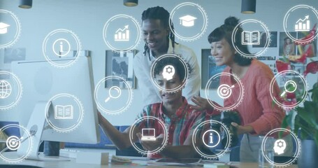 Poster - Animation of business icons and data processing over diverse business people in office