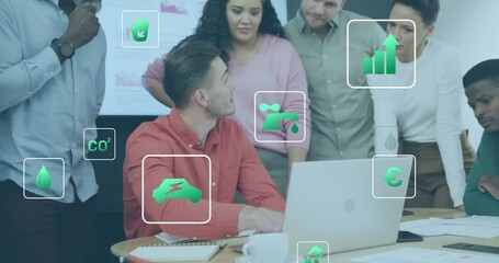 Poster - Animation of eco icons and data processing over diverse business people in office