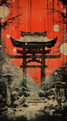 Poster - Japanese wood block print illustration of shrine gate spirituality architecture.