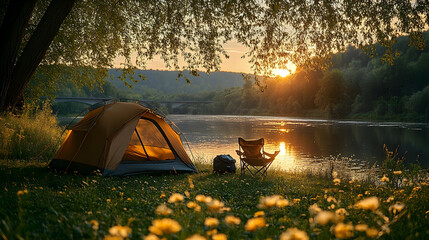 Wall Mural - A serene camping scene by a river at sunset, featuring a tent and chairs amidst flowers.