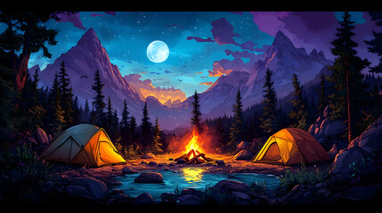 Wall Mural - A serene camping scene with tents, a campfire, and a moonlit mountain backdrop.