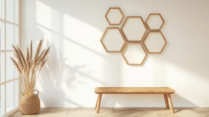 Poster - creative layout of hexagonal photo frames on a minimalist wall, showcasing innovative home decor