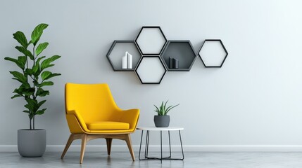 Poster - creative layout of hexagonal photo frames on a minimalist wall, showcasing innovative home decor