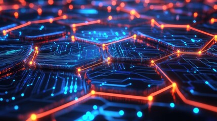 Poster - Digital illustration of hexagonal data nodes interconnected, symbolizing digital networks and data flow