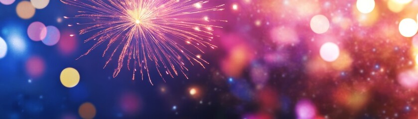 Vibrant fireworks illuminate a night sky, creating a festive atmosphere with colorful bokeh lights in the background.