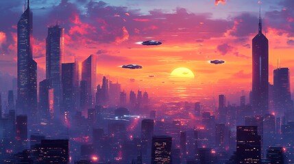 Vector design of a futuristic cityscape with flying cars sleek skyscrapers and a glowing sunset on the horizon capturing the energy and innovation of a scifi world