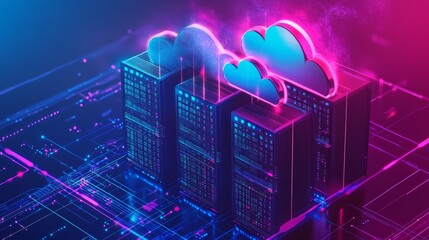 Vibrant digital illustration of cloud storage with colorful data servers and futuristic technology concept.