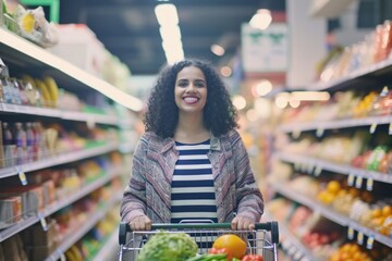 Sticker - Woman is standing in aisle of market with shopping cart smiling adult consumerism.